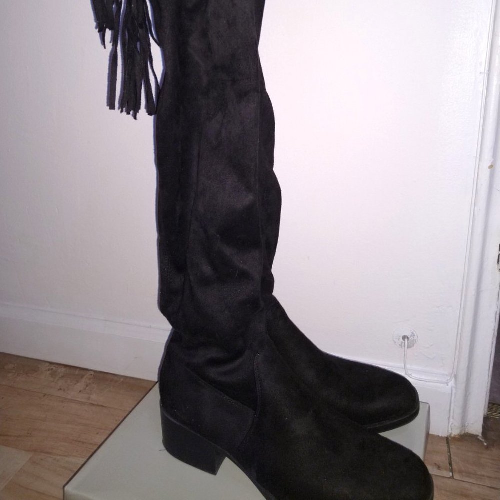 ASOS krush Women Over Knee Black Faux Suede Boot Lace Heel Size 6 UK/ 8 US